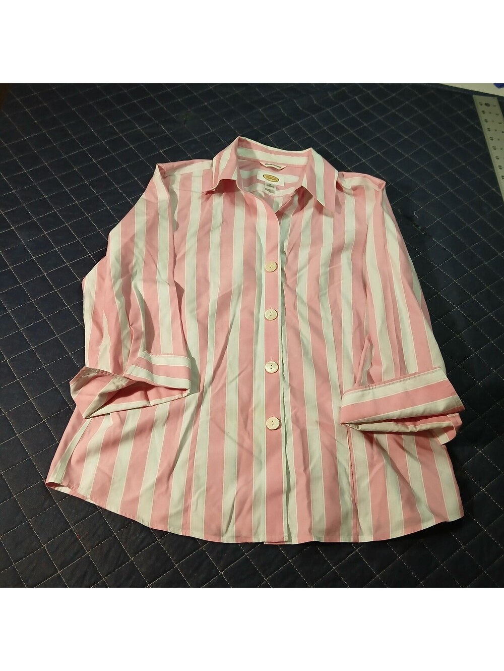 Talbots Pink White Striped Button Front Shirt Womens Size 8